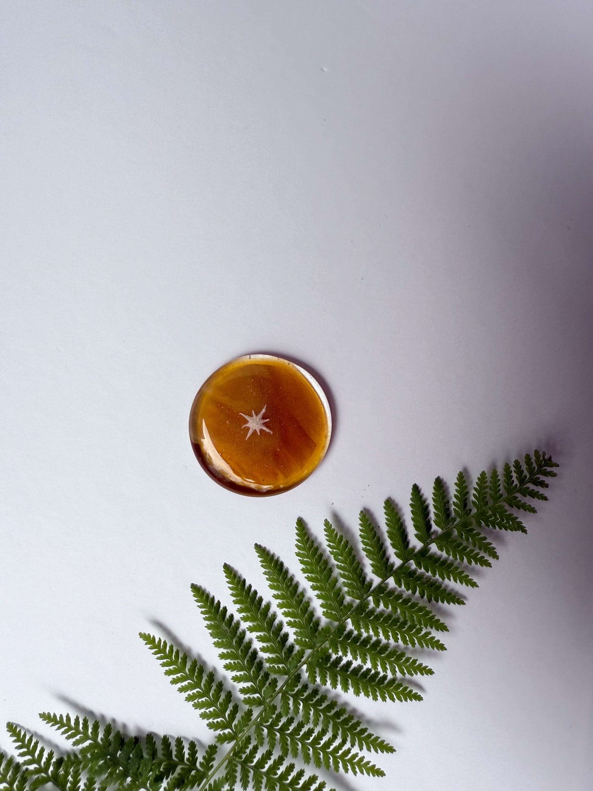 A amber glass memorial touchstone with the ashes encased inside and shaped into a star sitting on a white background with a fern plant.