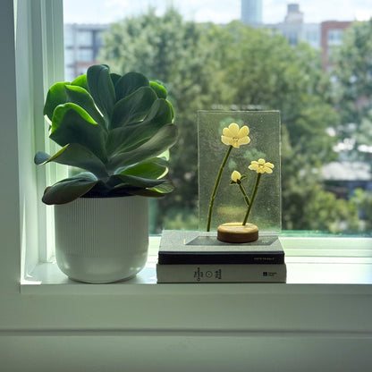 A glass memorial suncatcher with the ashes and cremains embedded into the pistol of the flower sitting on a wood stand in a widow with the light pouring through it